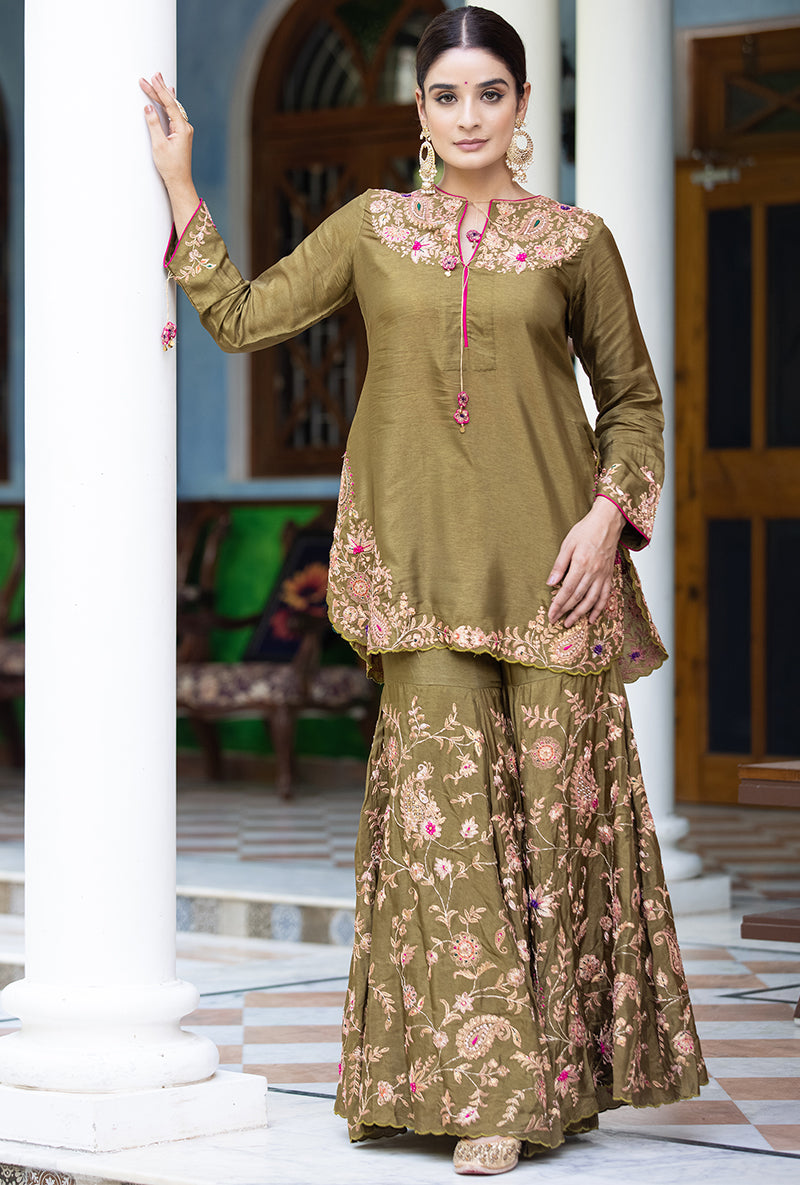 Olive Green Kairi Buta Full Jaal Zeenat Gharara Set