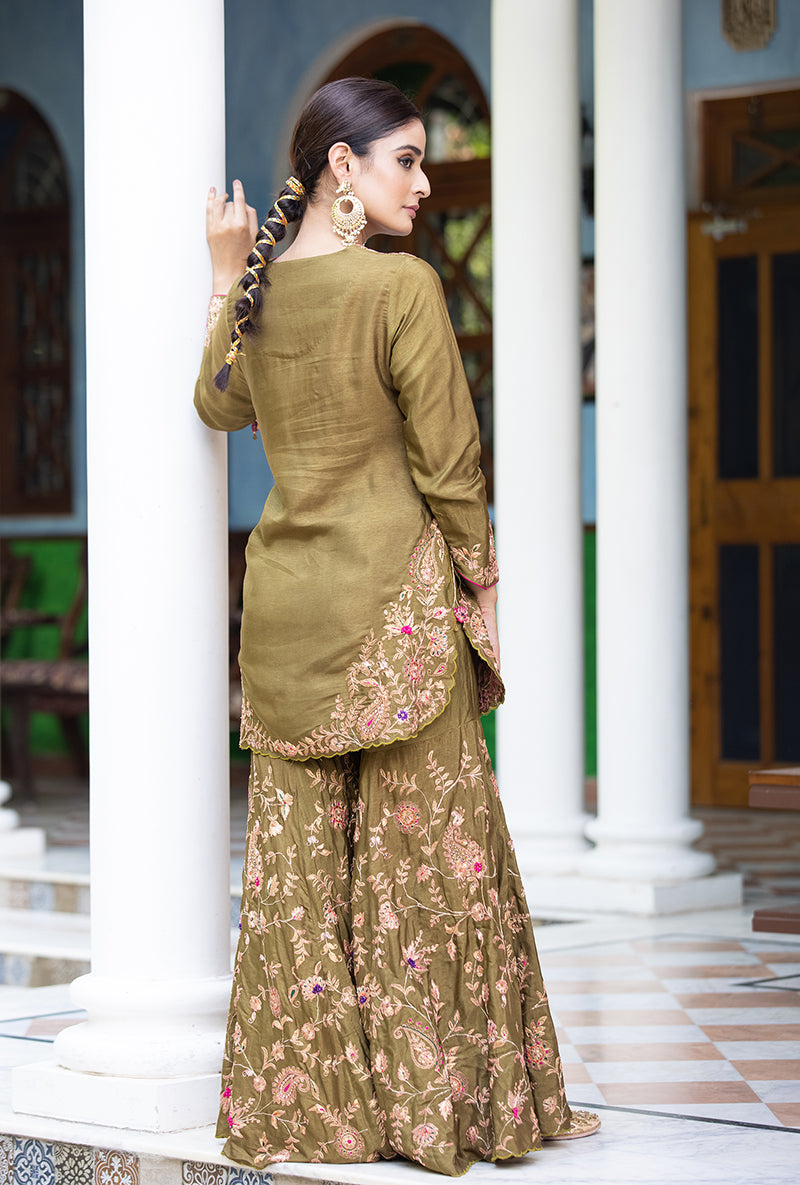 Olive Green Kairi Buta Full Jaal Zeenat Gharara Set