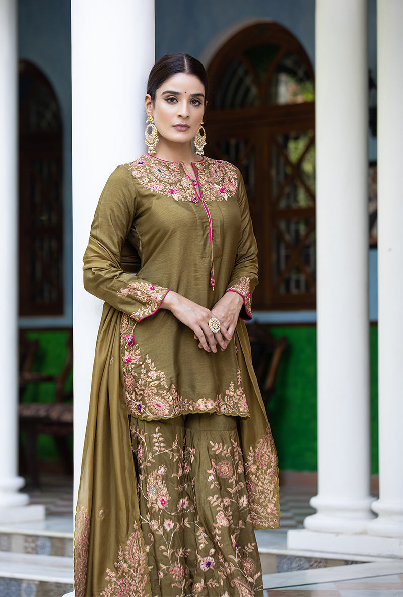 Olive Green Kairi Buta Full Jaal Zeenat Gharara Set