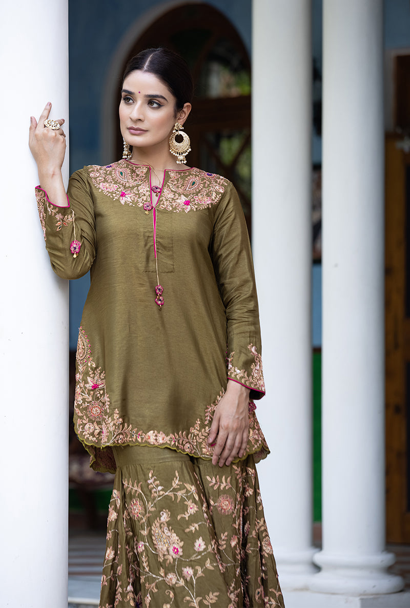 Olive Green Kairi Buta Full Jaal Zeenat Gharara Set