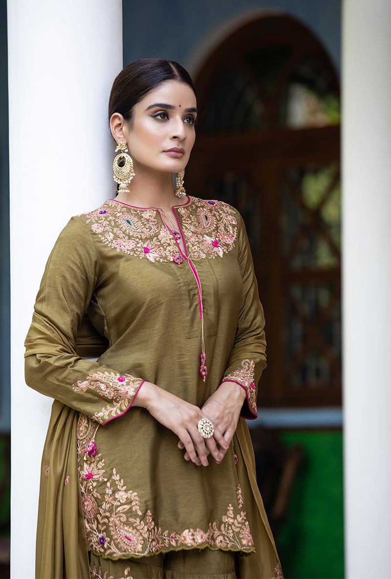 Olive Green Kairi Buta Full Jaal Zeenat Gharara Set