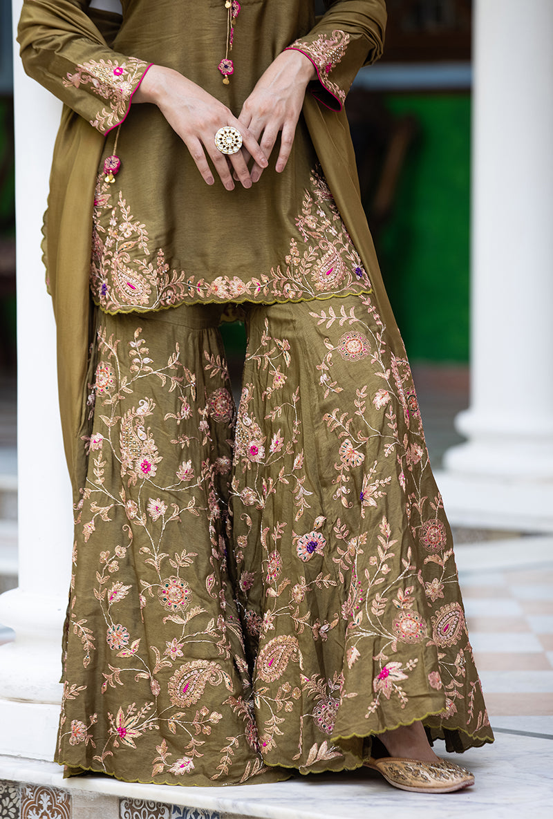 Olive Green Kairi Buta Full Jaal Zeenat Gharara Set