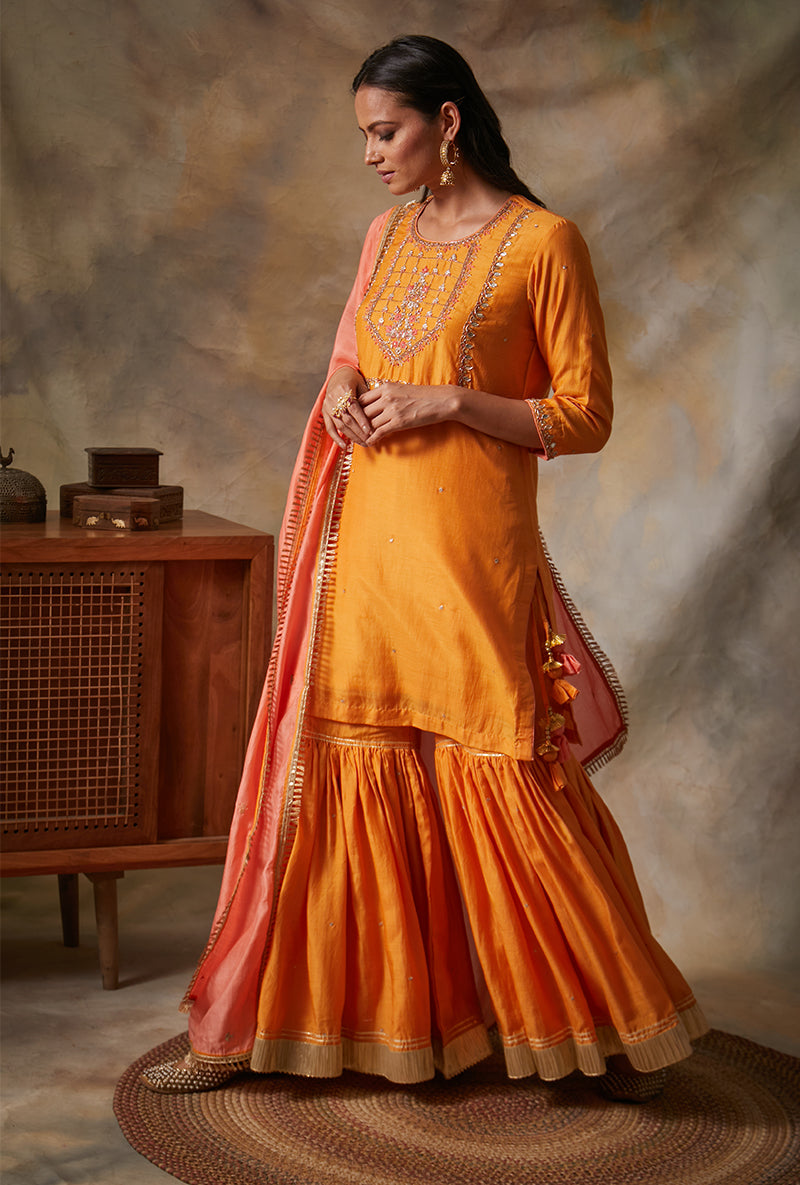 Orange Square Yoke Mahi Gharara Set