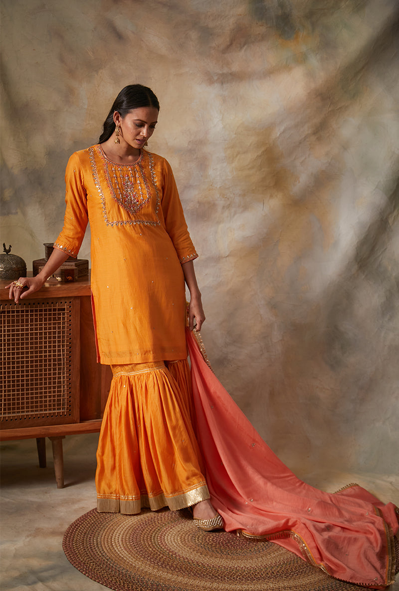 Orange Square Yoke Mahi Gharara Set