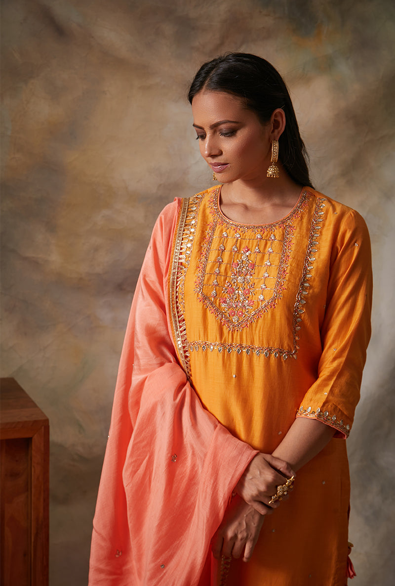 Orange Square Yoke Mahi Gharara Set