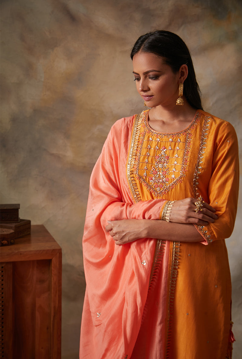 Orange Square Yoke Mahi Gharara Set