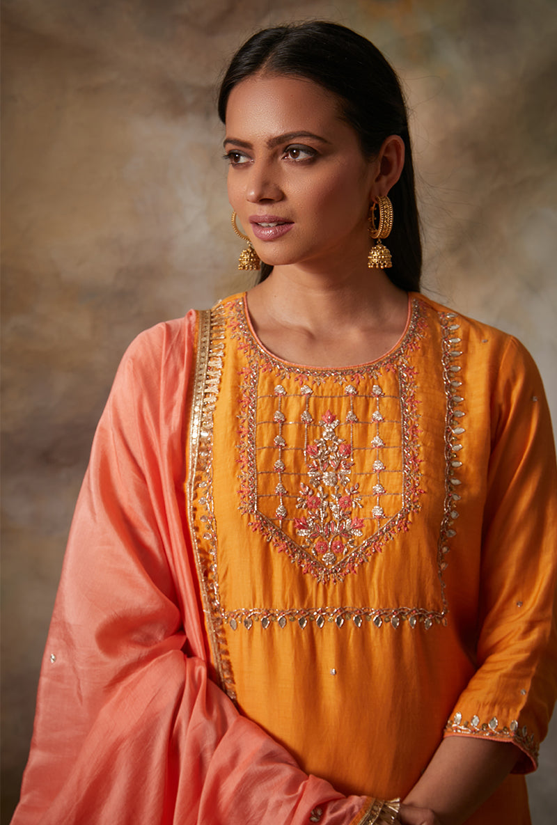 Orange Square Yoke Mahi Gharara Set