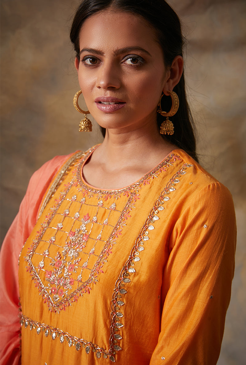 Orange Square Yoke Mahi Gharara Set