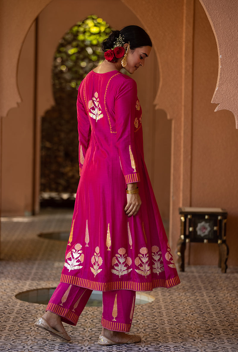 Rani Pink A-line Nayaab Kurta Set