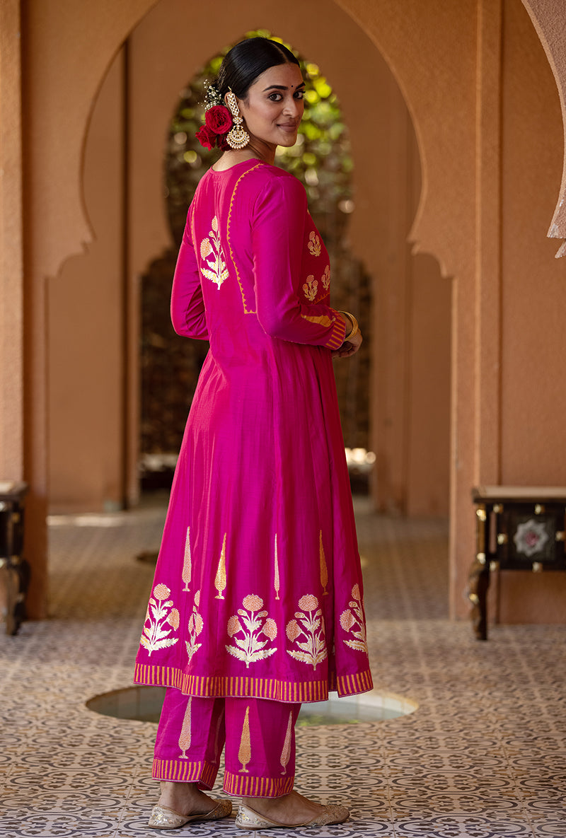 Rani Pink A-line Nayaab Kurta Set
