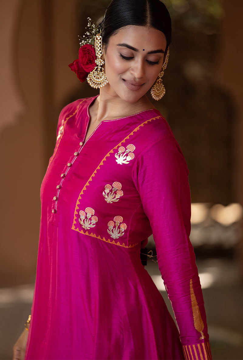 Rani Pink A-line Nayaab Kurta Set