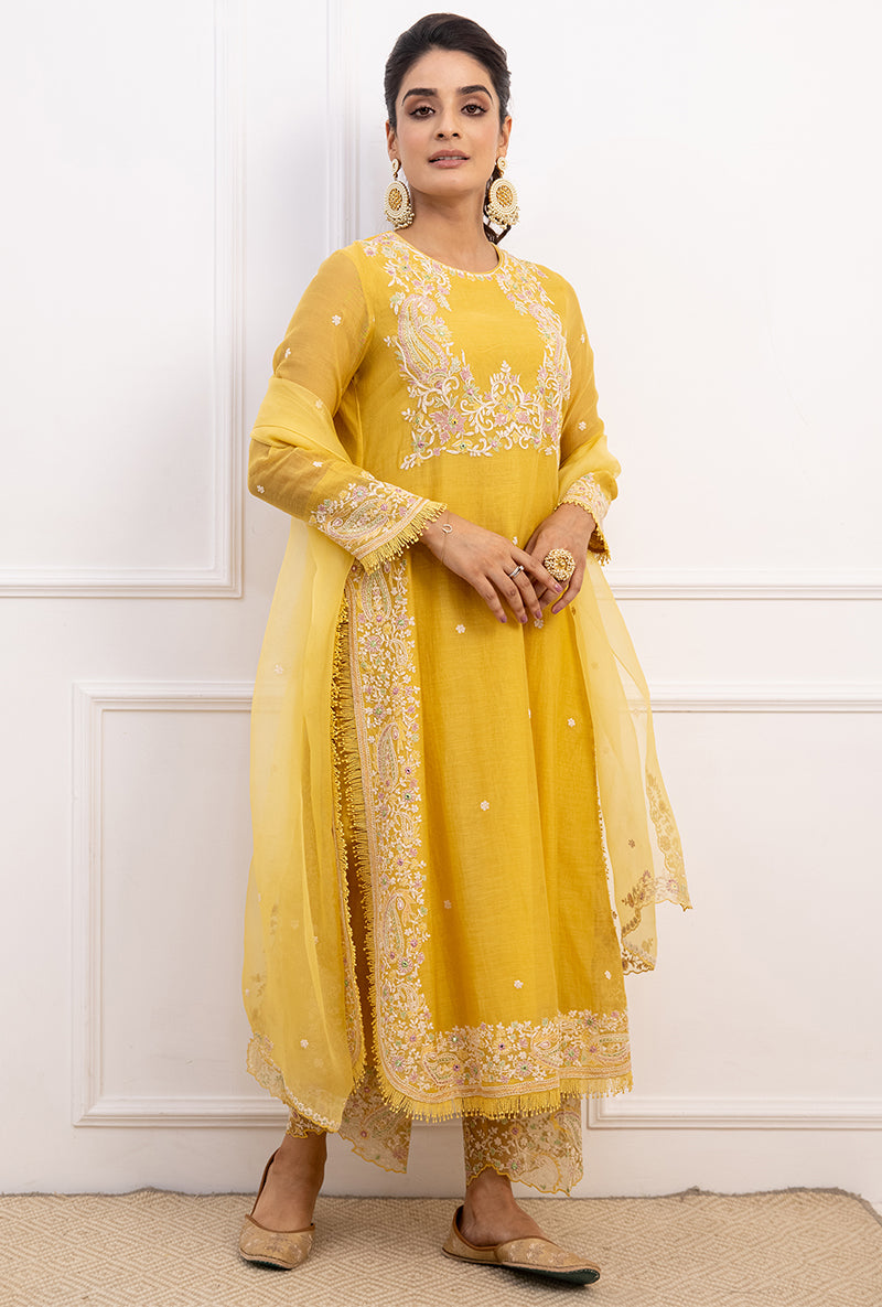 Yellow Dori Paisley Long Kurta Yoke Aafreen Set