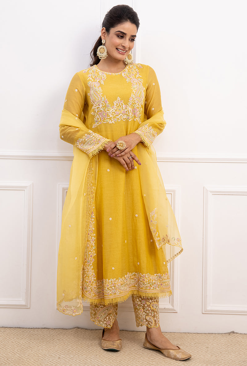 Yellow Dori Paisley Long Kurta Yoke Aafreen Set