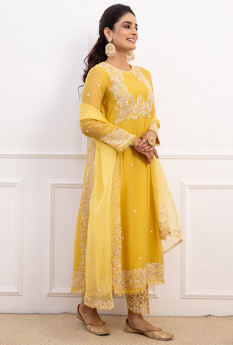 Yellow Dori Paisley Long Kurta Yoke Aafreen Set