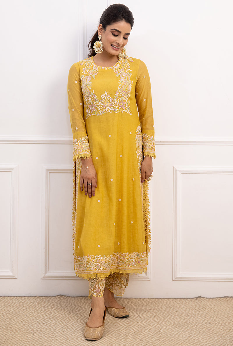 Yellow Dori Paisley Long Kurta Yoke Aafreen Set