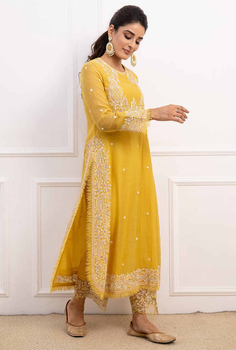 Yellow Dori Paisley Long Kurta Yoke Aafreen Set