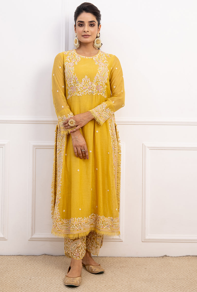 Yellow Dori Paisley Long Kurta Yoke Aafreen Set