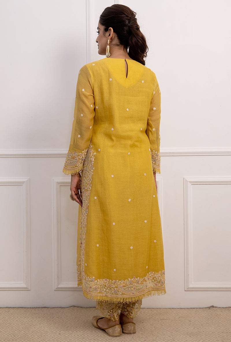 Yellow Dori Paisley Long Kurta Yoke Aafreen Set