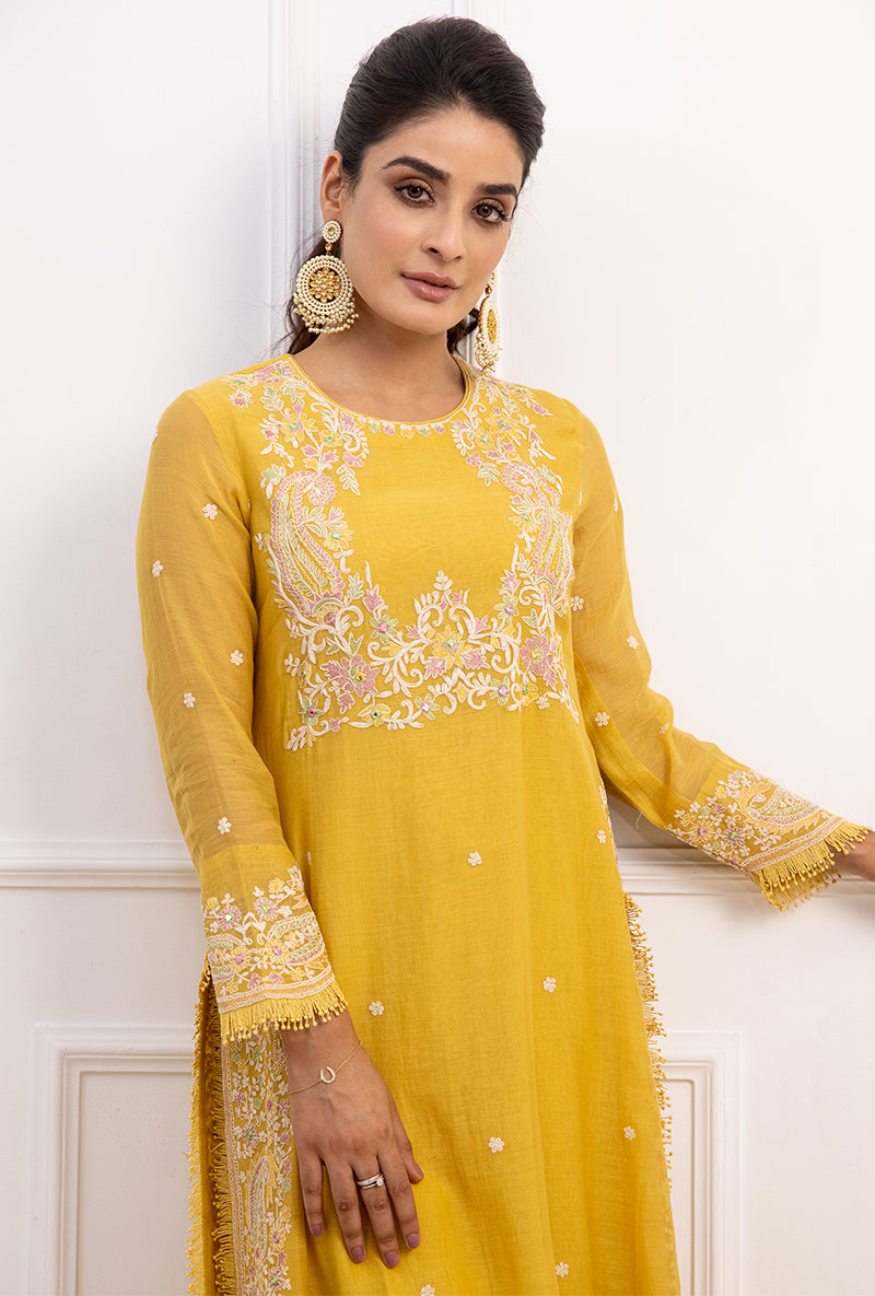 Yellow Dori Paisley Long Kurta Yoke Aafreen Set