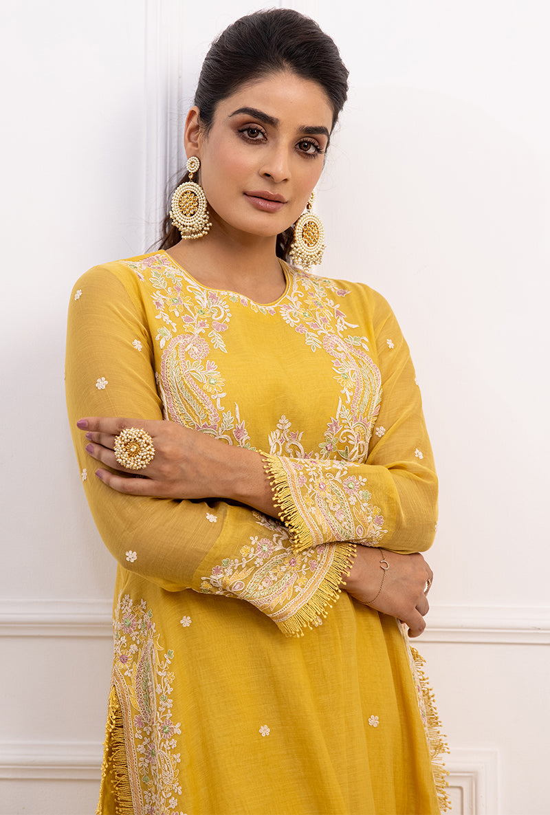 Yellow Dori Paisley Long Kurta Yoke Aafreen Set