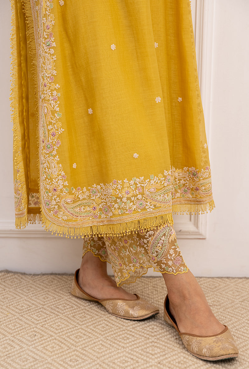 Yellow Dori Paisley Long Kurta Yoke Aafreen Set