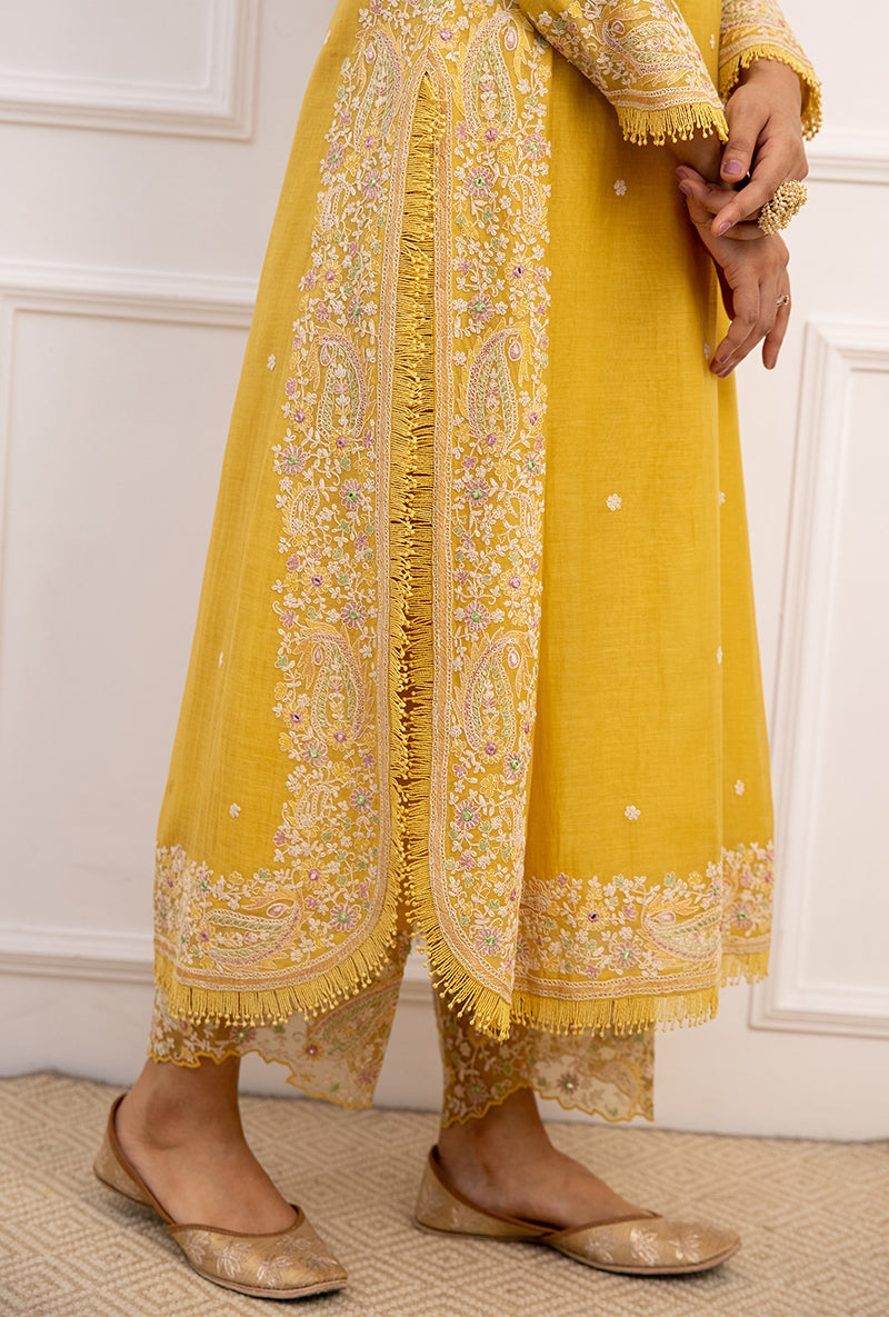 Yellow Dori Paisley Long Kurta Yoke Aafreen Set