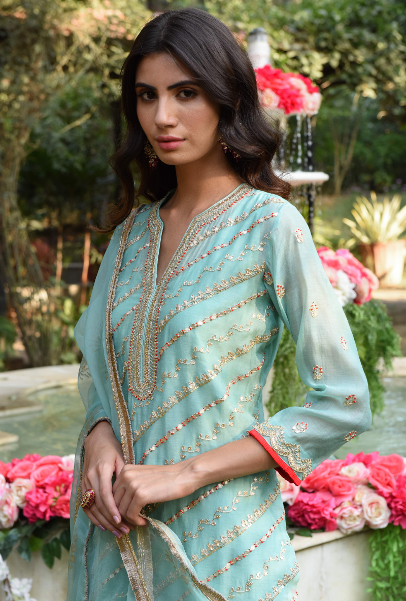 Aqua Resham & Gota Line Kurta Set