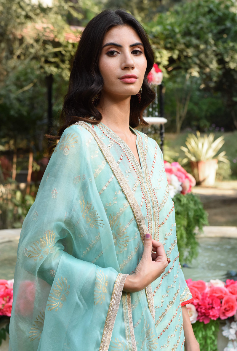 Aqua Resham & Gota Line Kurta Set