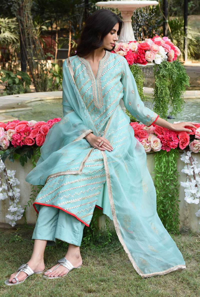 Aqua Resham & Gota Line Kurta Set