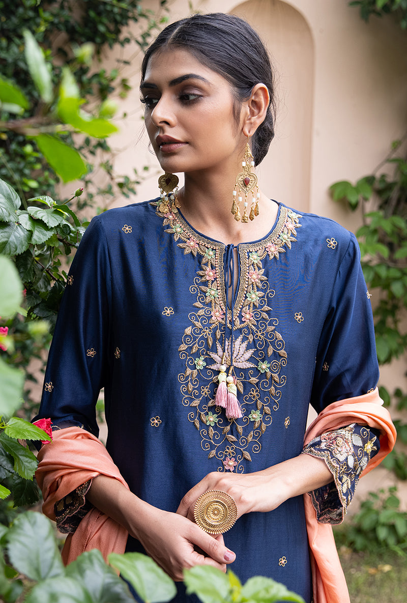 Blue Light Yoke Applique Baano Kurta Set
