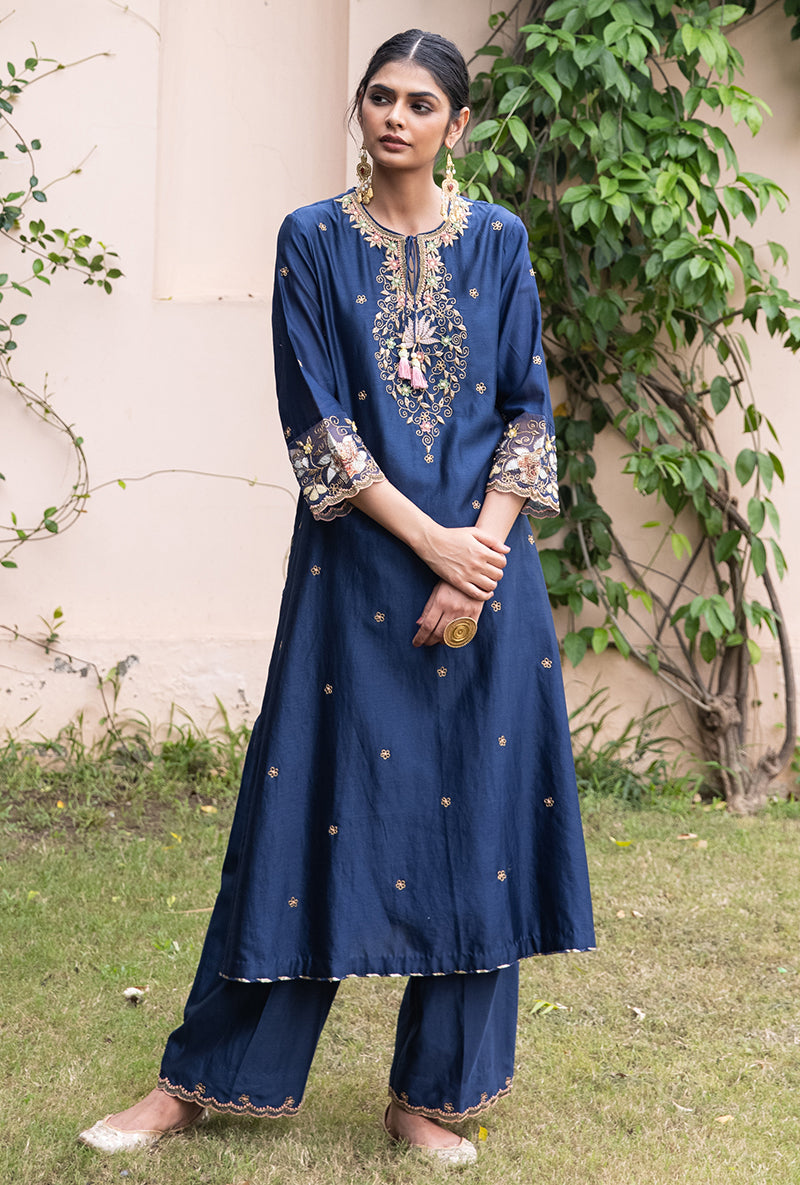 Blue Light Yoke Applique Baano Kurta Set