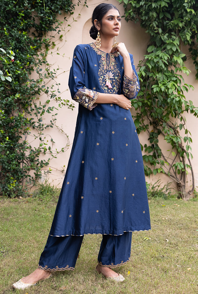 Blue Light Yoke Applique Baano Kurta Set
