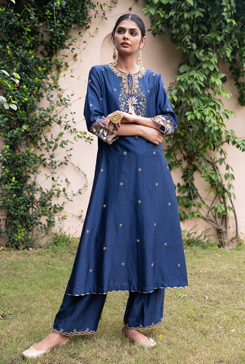Blue Light Yoke Applique Baano Kurta Set