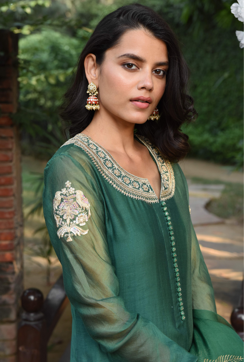 Green Bird Motif Kurta Set