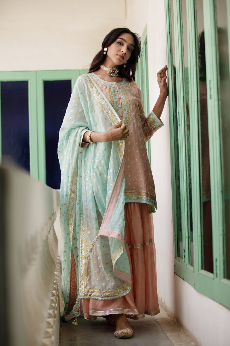 Pink And Aqua Zari Mastaani Gharara Set