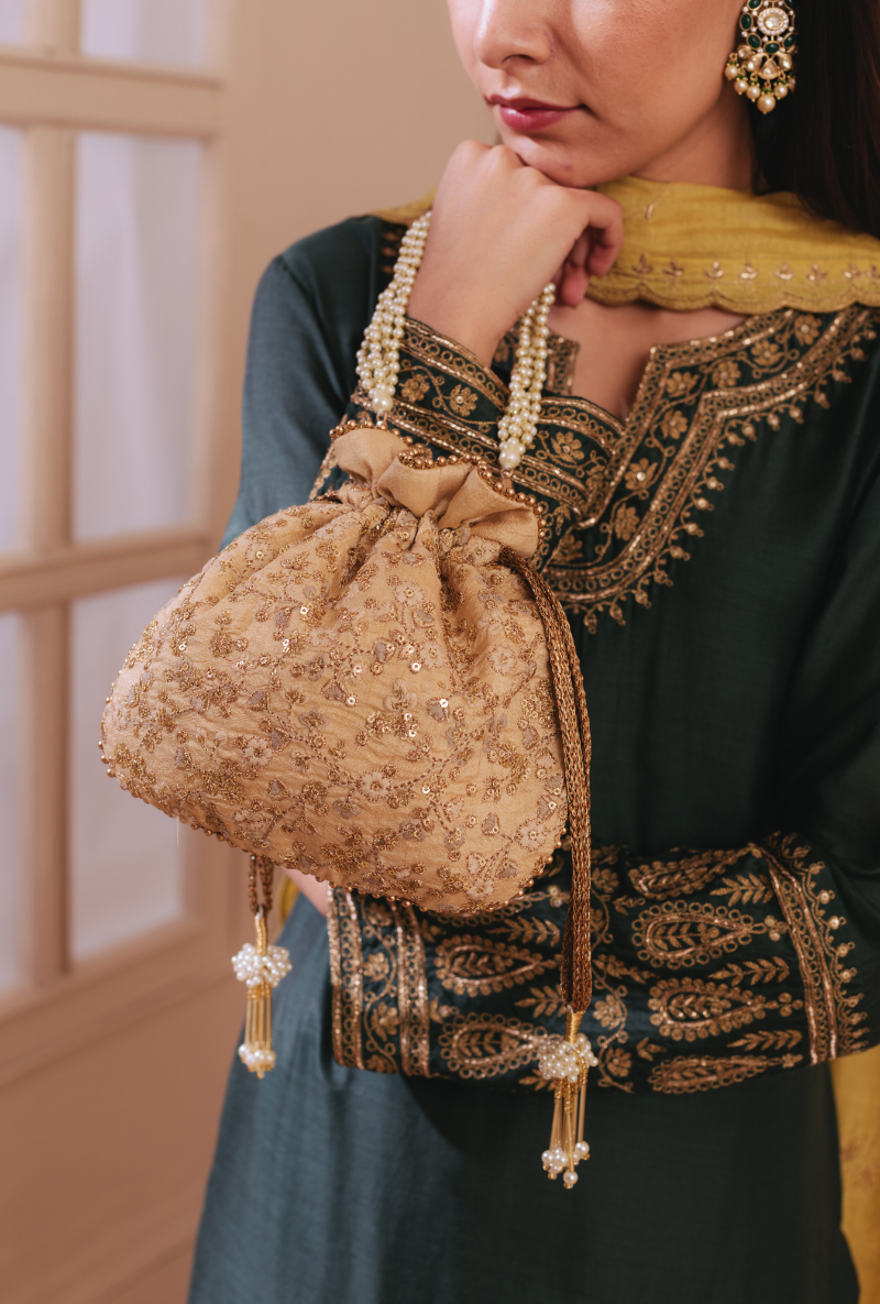 Gold Floral Embroidered Potli