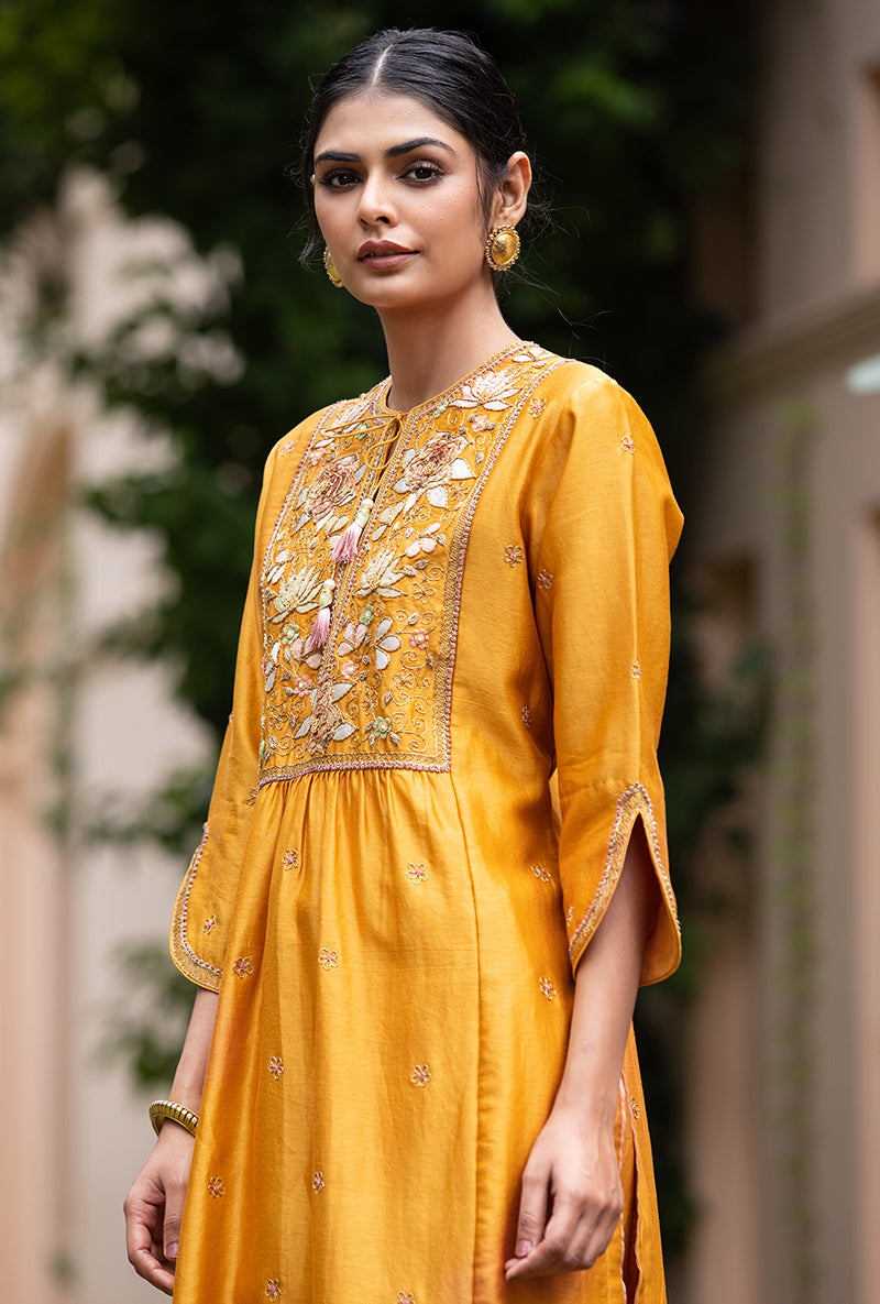 Mustard Applique Pleated Yoke Baano Kurta Set