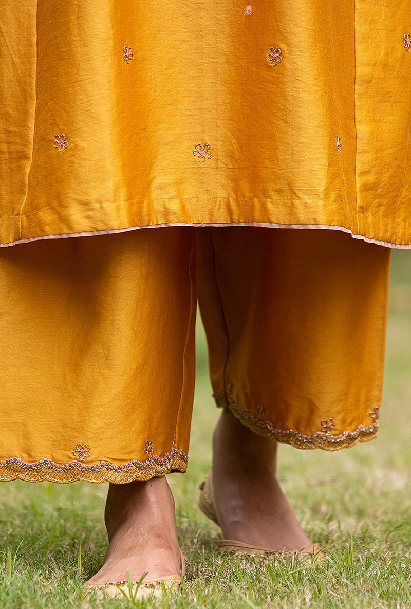 Mustard Applique Pleated Yoke Baano Kurta Set
