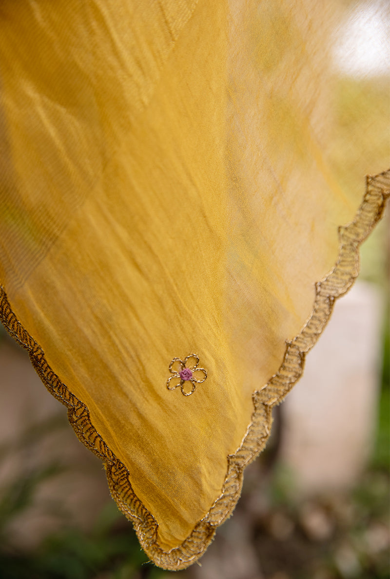 Mustard Applique Pleated Yoke Baano Kurta Set