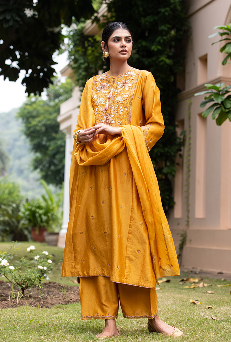 Mustard Applique Pleated Yoke Baano Kurta Set