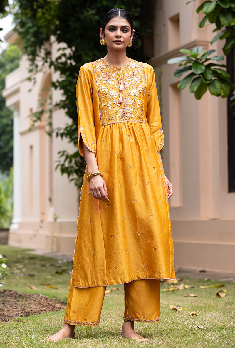 Mustard Applique Pleated Yoke Baano Kurta Set