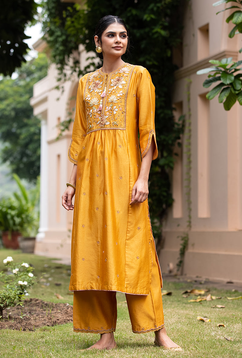Mustard Applique Pleated Yoke Baano Kurta Set