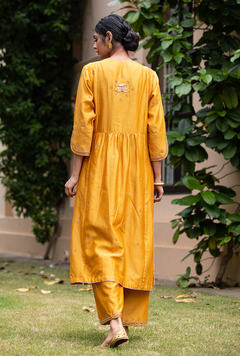 Mustard Applique Pleated Yoke Baano Kurta Set