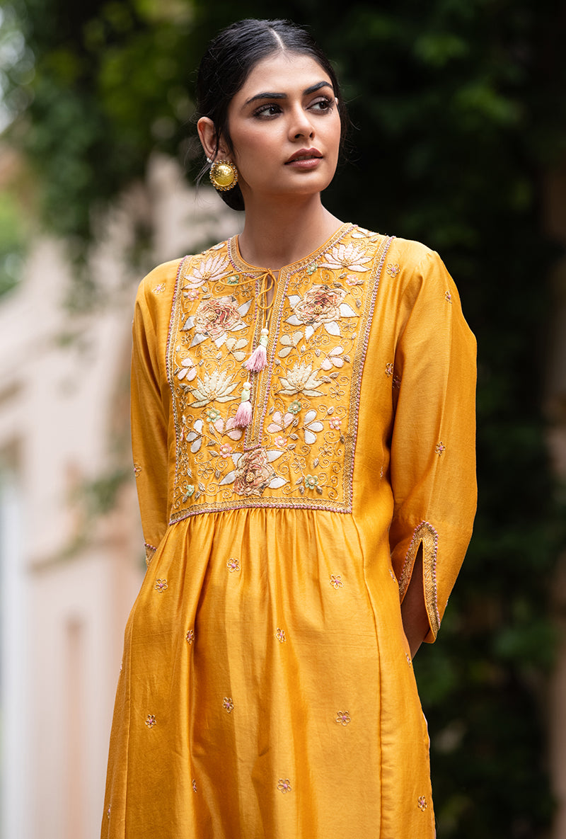 Mustard Applique Pleated Yoke Baano Kurta Set