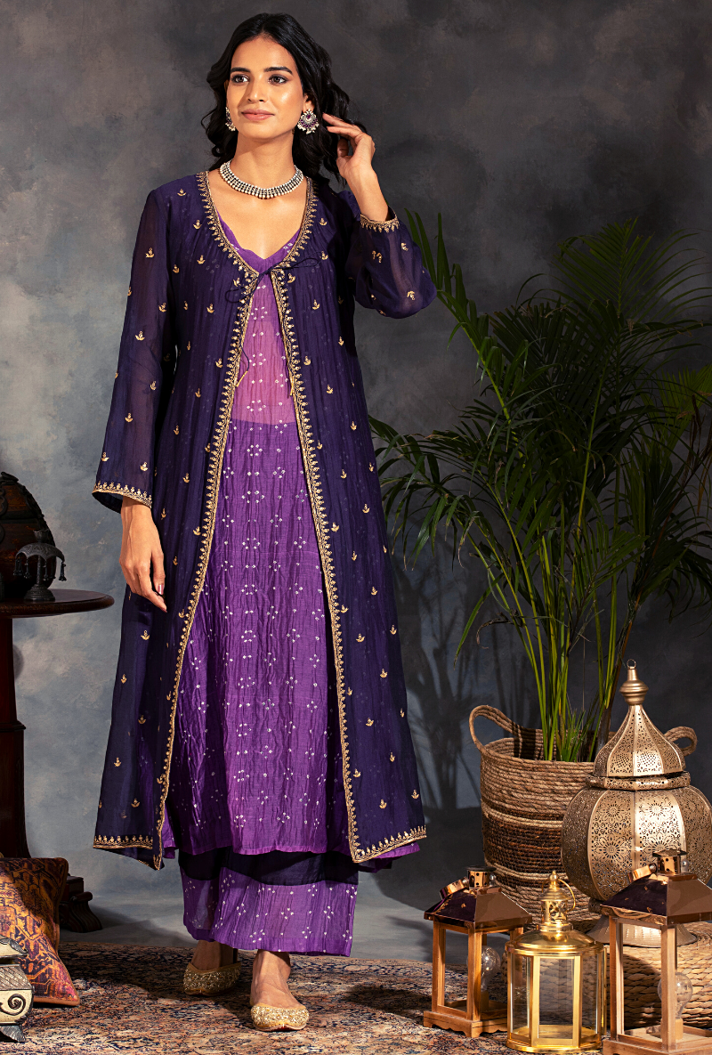 Saanjh 3 pc Purple Bandhej Jacket Set