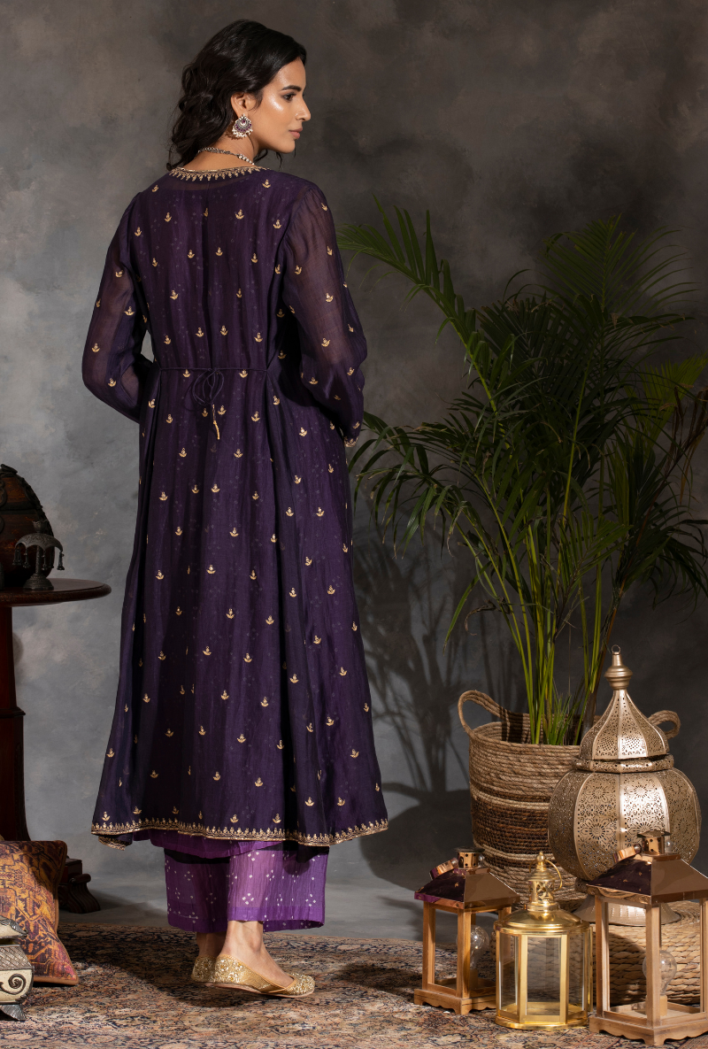 Saanjh 3 pc Purple Bandhej Jacket Set