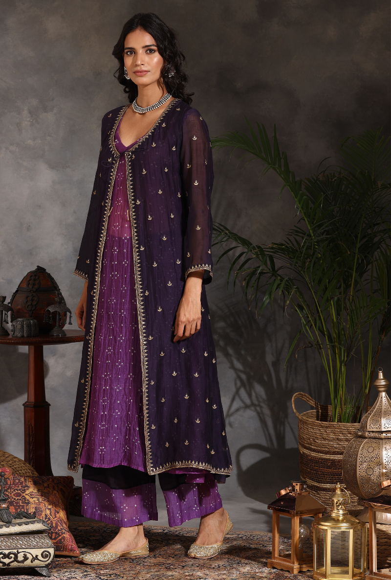 Saanjh 3 pc Purple Bandhej Jacket Set