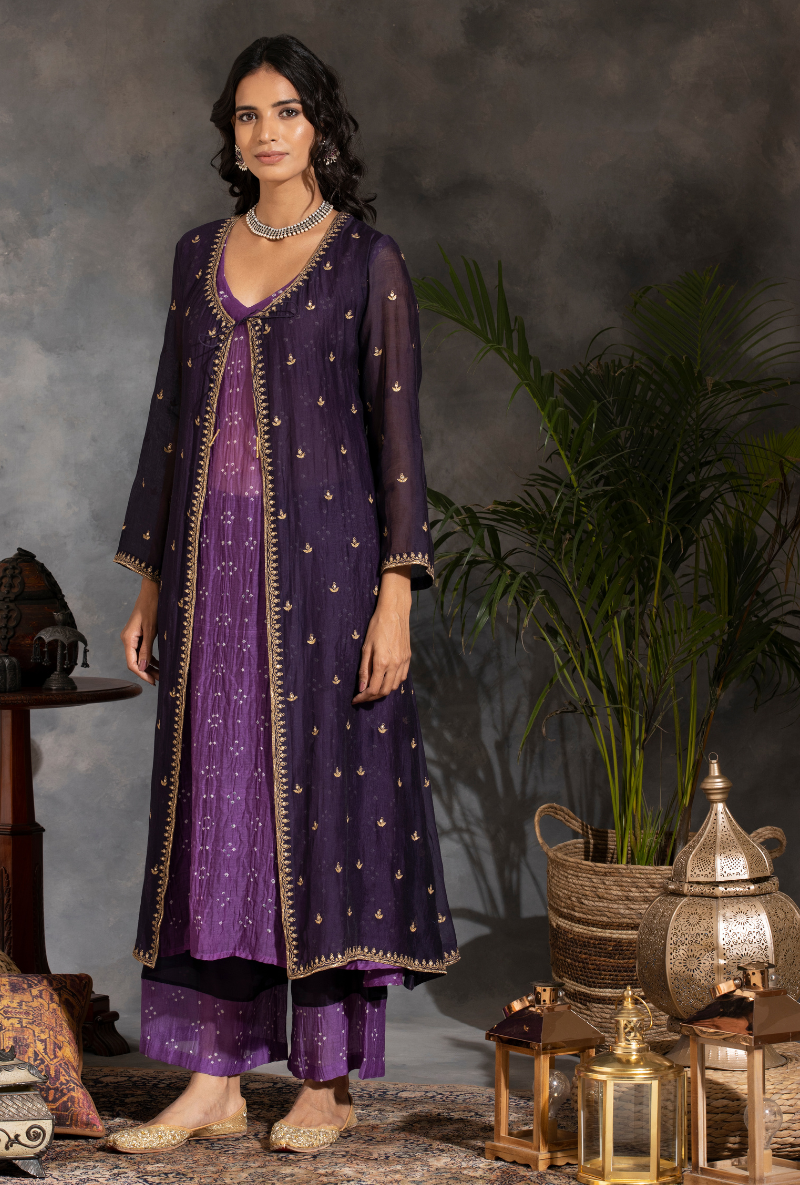 Saanjh 3 pc Purple Bandhej Jacket Set