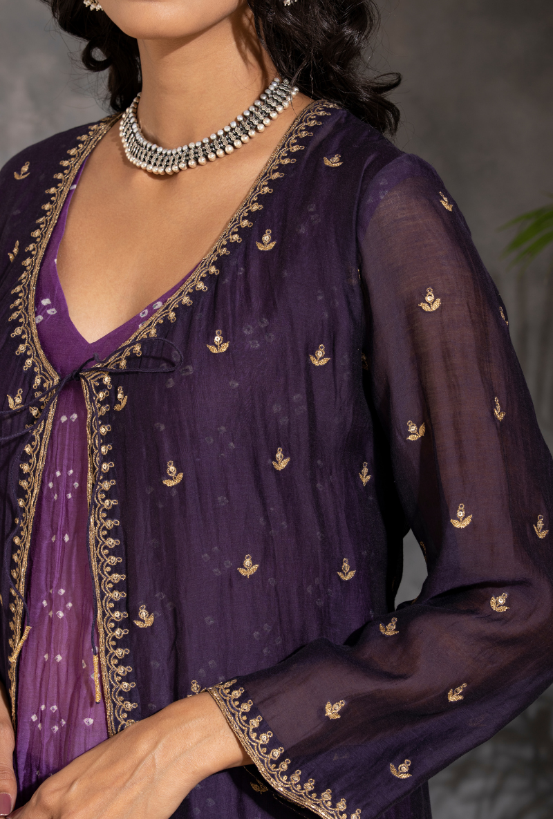 Saanjh 3 pc Purple Bandhej Jacket Set