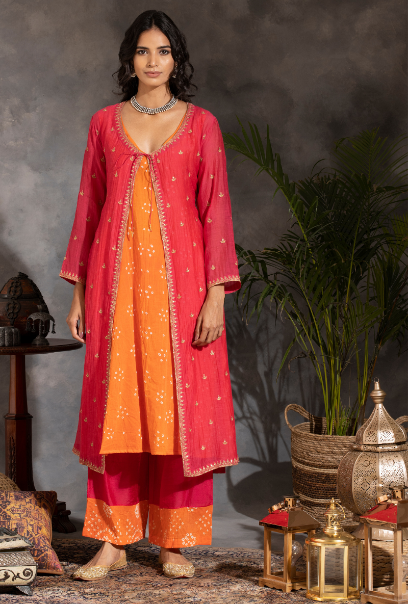 Saanjh 3 pc Rani Bandhej Jacket Set